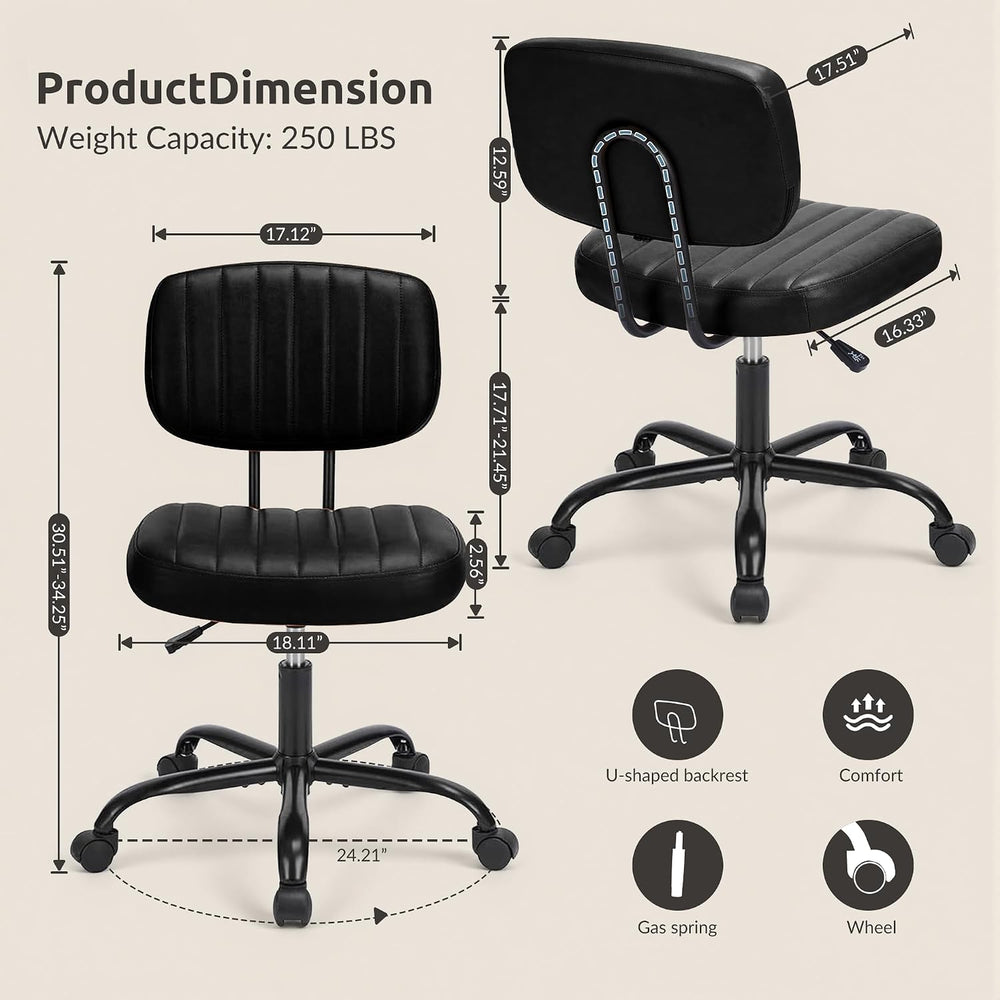 Swivel Rolling Office Chair, Armless Pu Leather Vanity Chair with Back Lumbar...