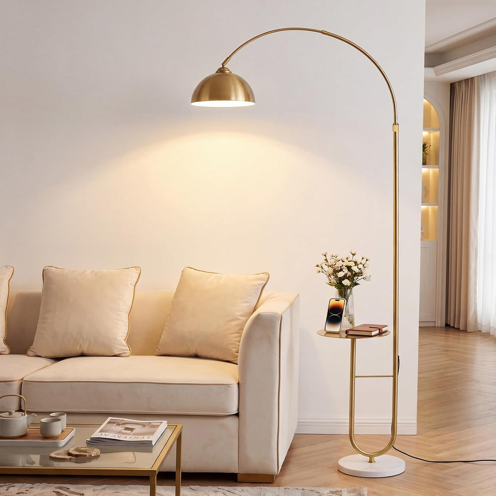 Gold Arc Floor Lamp with Table, Stepless Dimming & Remote,E26 Bulb Included