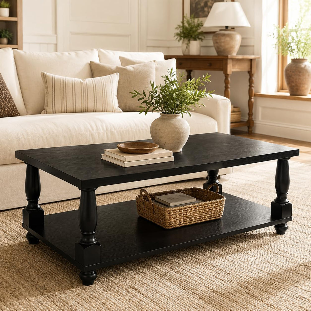 Homieasy 47" Farmhouse Coffee Table with Storage, Rectangular Wood, Black