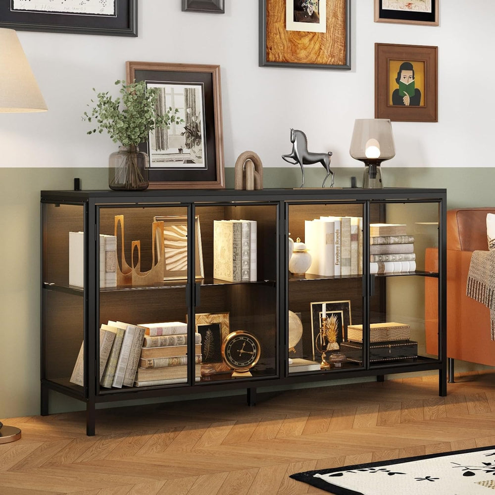 Display Cabinet with Glass Doors & LED Lights, Sideboard Buffet Cabinet w...