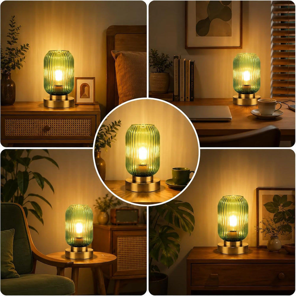 Mid Century Modern Gold Table Lamp with Ribbed Green Glass Shade