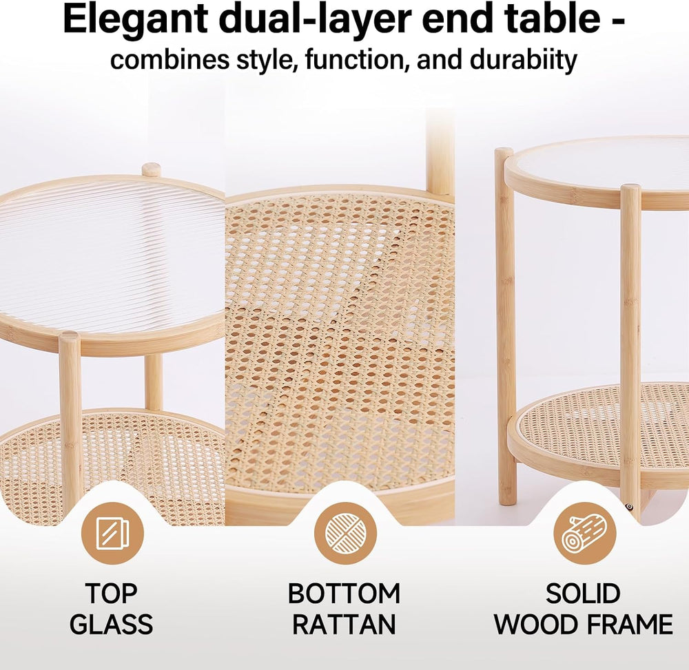 Tiita Rattan Side Table, Modern Round Bamboo End Table, Glass Top, Wood