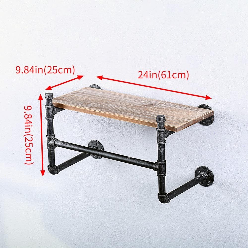 Industrial Pipe Clothing Rack With Shelves,Wall Mounted Clothes Rack 24In