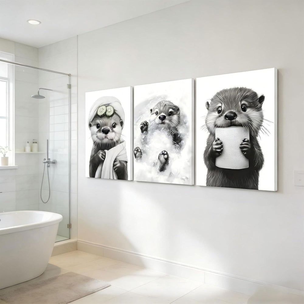 3Pcs Cute Otter Canvas Wall Art Funny Bathroom Paintings Pictures Wall Decor ...