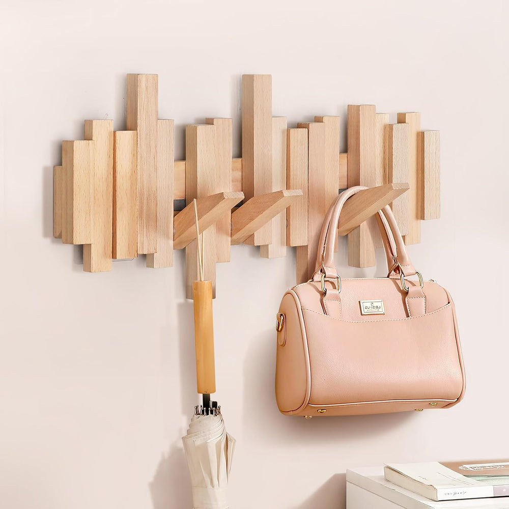 Ufine Wood Wall Mounted Coat Rack with 6 Flip-Down Hooks
