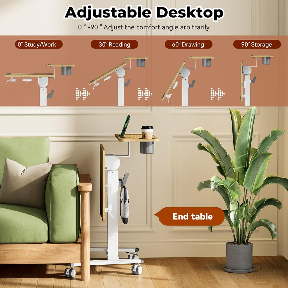 28" Mobile Standing Desk, Tiltable Top with 2-Tier Shelves, Maple