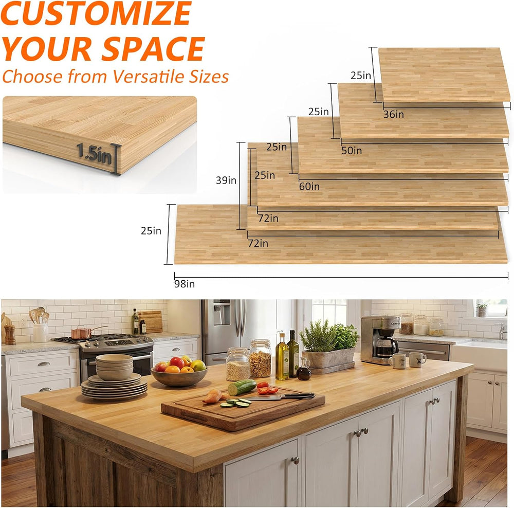 Solid Wood Butcher Block Countertop - 5ft Unfinished Birch Slab Counter Top W...