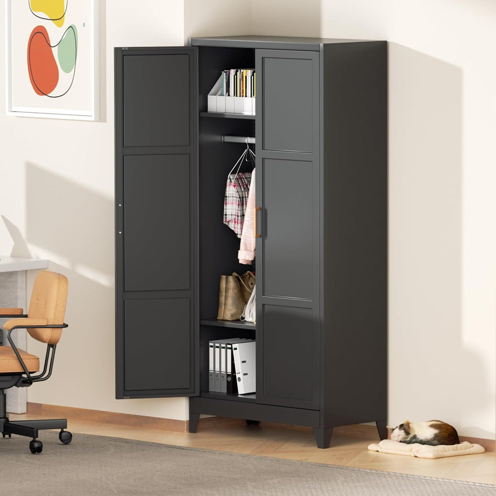 Superday Metal Wardrobe Closet, 72" H Bedroom Armoires with Wooden Handl...