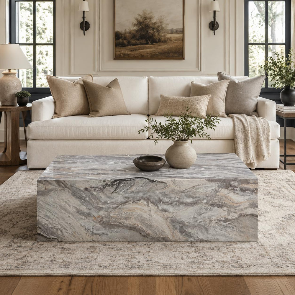 39.3" Faux Marble Coffee Table, Gray Modern Coffee Table, Rectangle