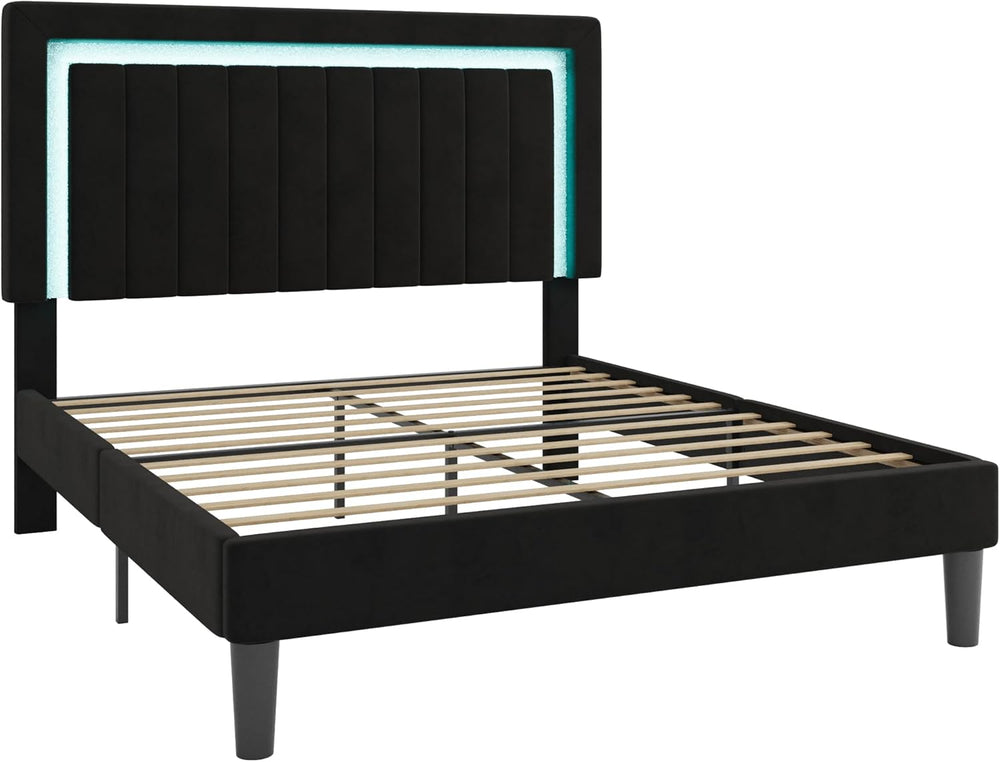 SHA CERLIN Queen Size Velvet Bed Frame with LED Light, Black