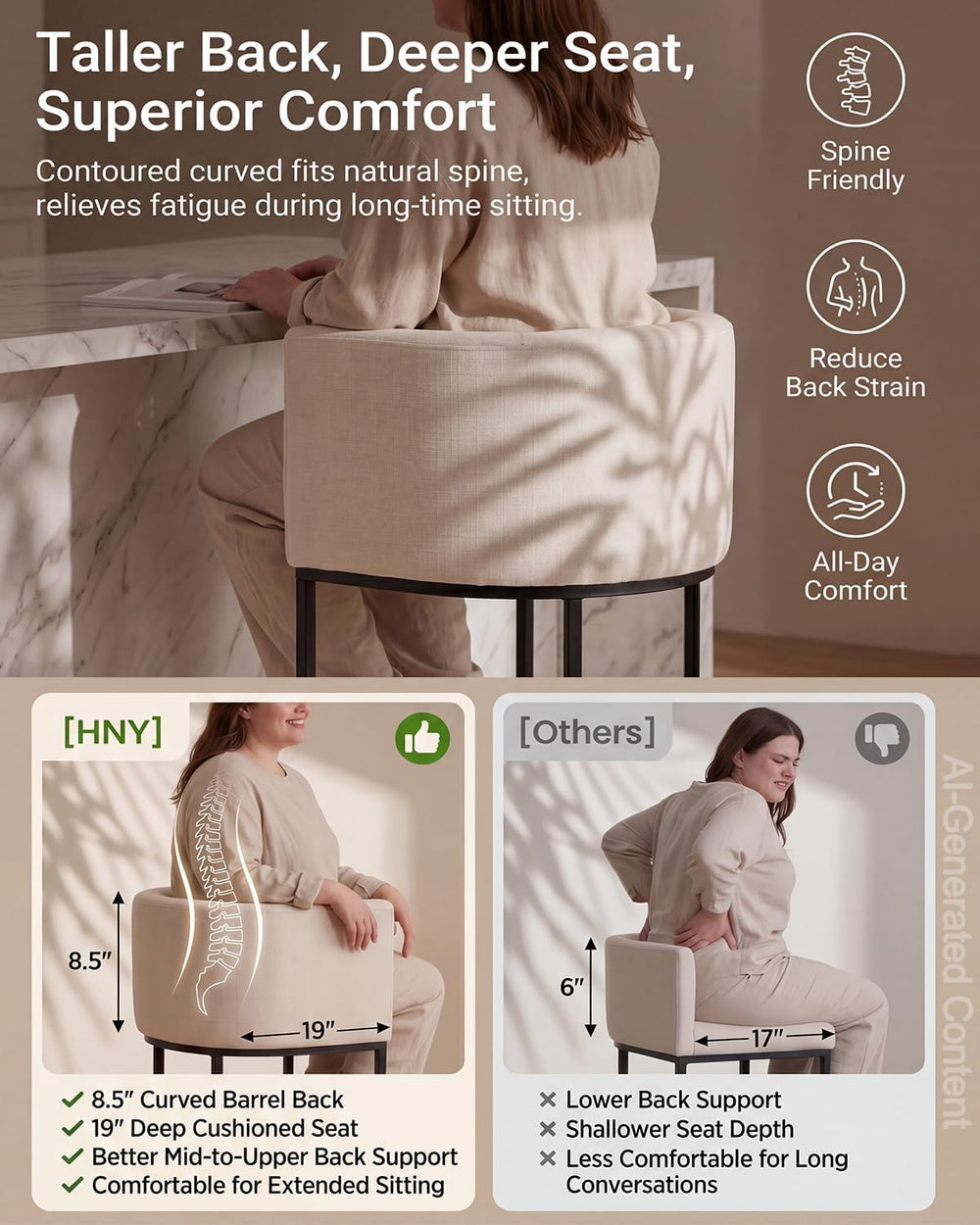 HNY Modern Counter Height Linen Fabric Cream Upholstered Counter Stools Set o...
