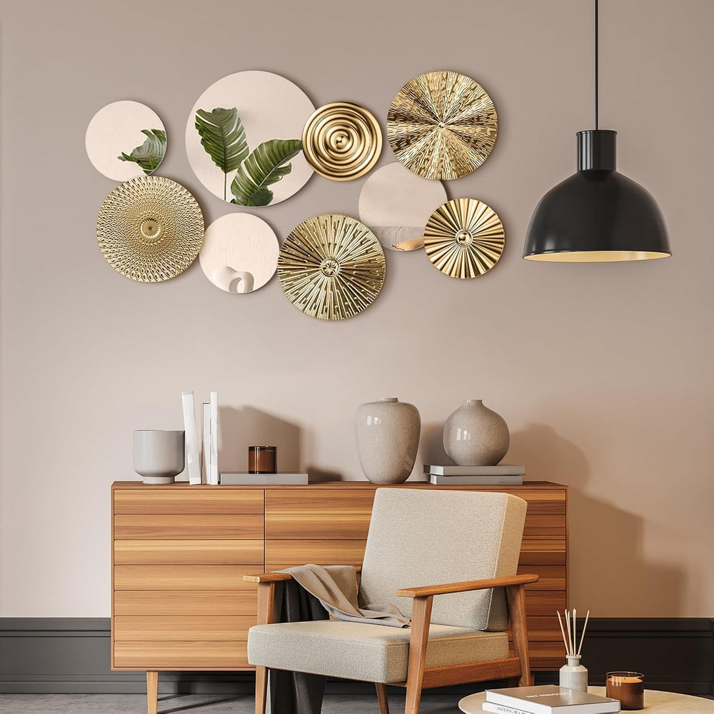 Blulu 9 Pcs Gold Mirror Wall Decor Metal Round