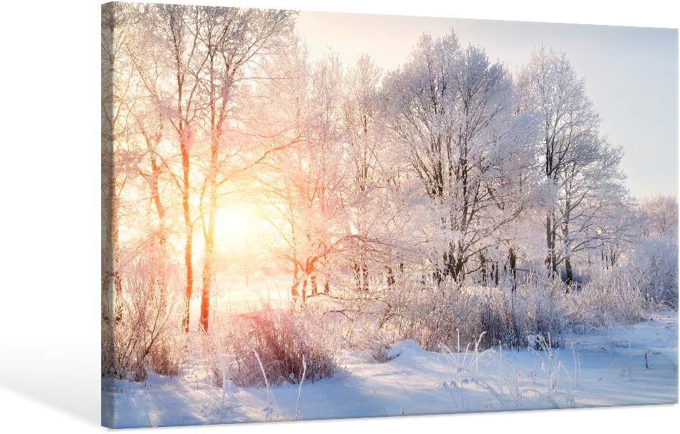 SEVEN WALL ARTS Winter Tree Canvas Wall Art Snow Covered Winter Forest Sunris...