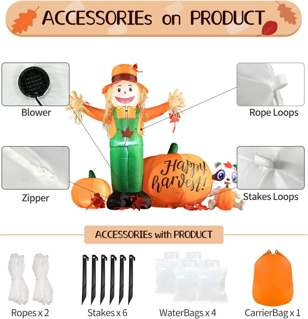 DomKom 6ft Tall LED Lighted Inflatable Scarecrow and Pumpkin โ Halloween Than...