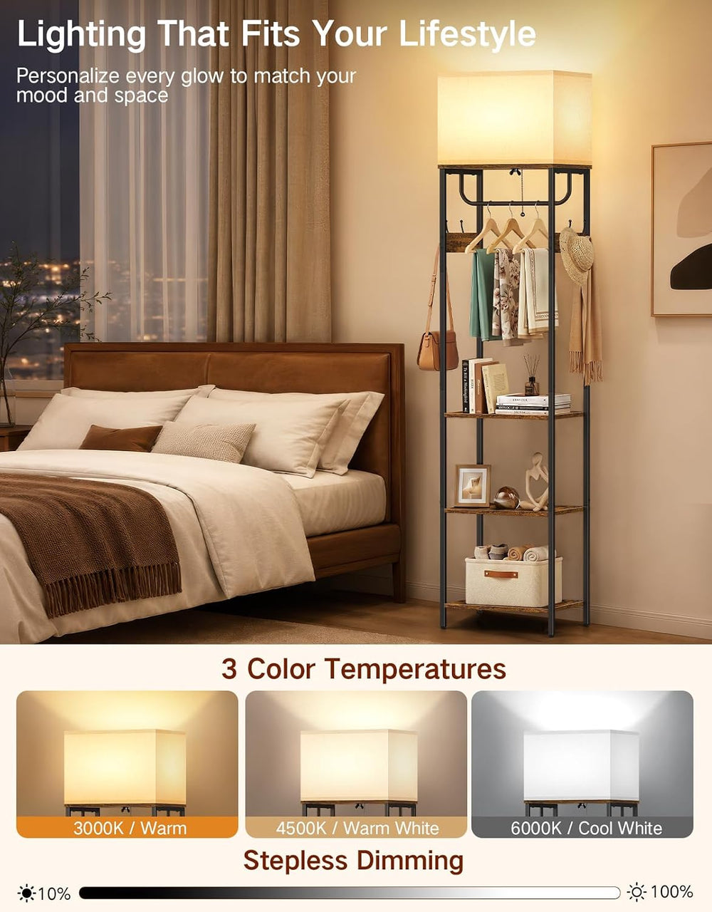 Compact Coat Rack with Lamp & Remote, 3 Color Temperatures