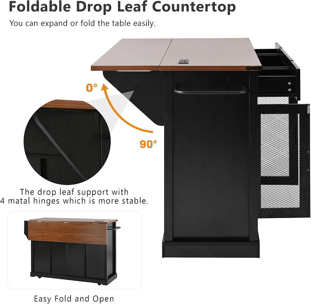 LUMISOL Farmhouse Kitchen Island Cart with Drop Leaf & 3 Drawers, Black