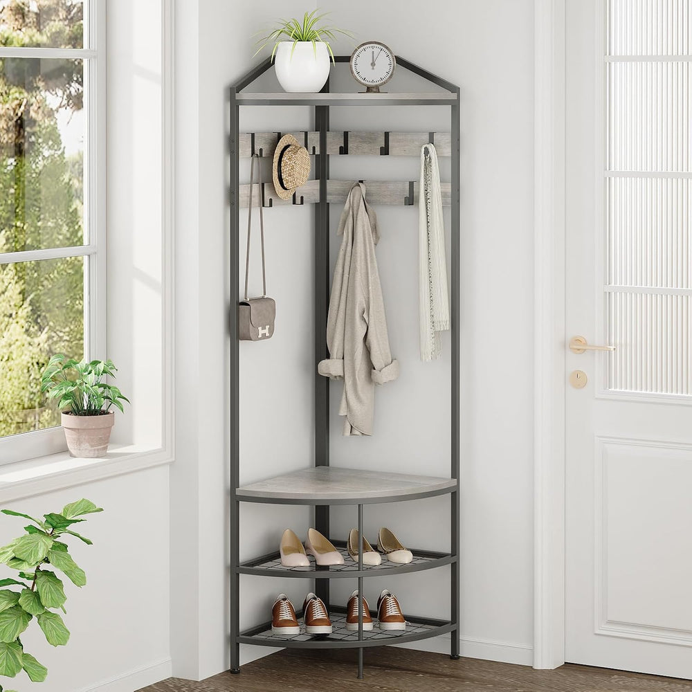 GiftGo Grey Corner Hall Tree with Shoe Bench Entryway Coat Rack with 10 Metal...