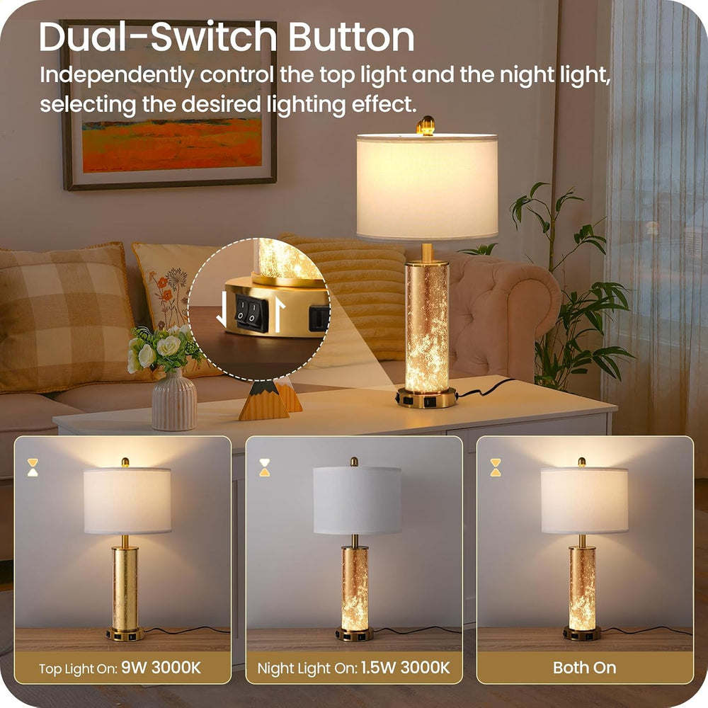 25.6" Gold Table Lamps Set of 2, Tall Bedside Lamps with Nightlight, Mod...