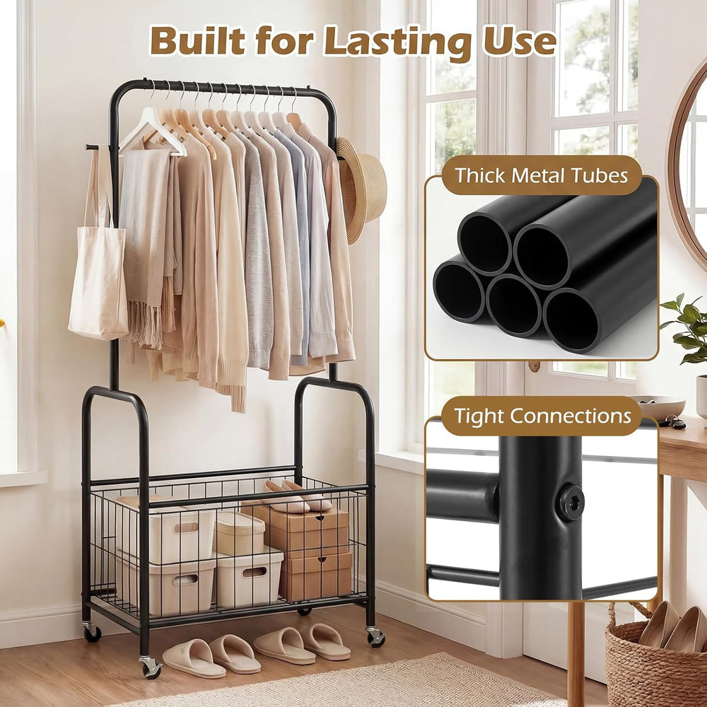 GIANTEX 35" Clothes Rack with Storage Basket,Heavy-Duty Clothing Rack wi...