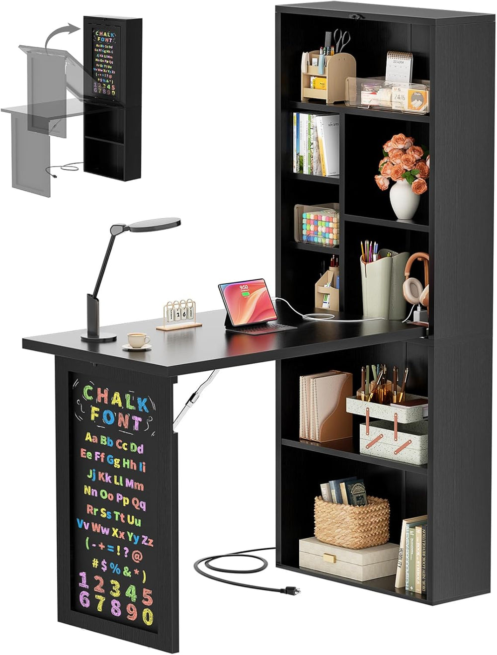 Armocity Small Folding Desk with Outlets, Fold-Out Murphy Desk Craft Table
