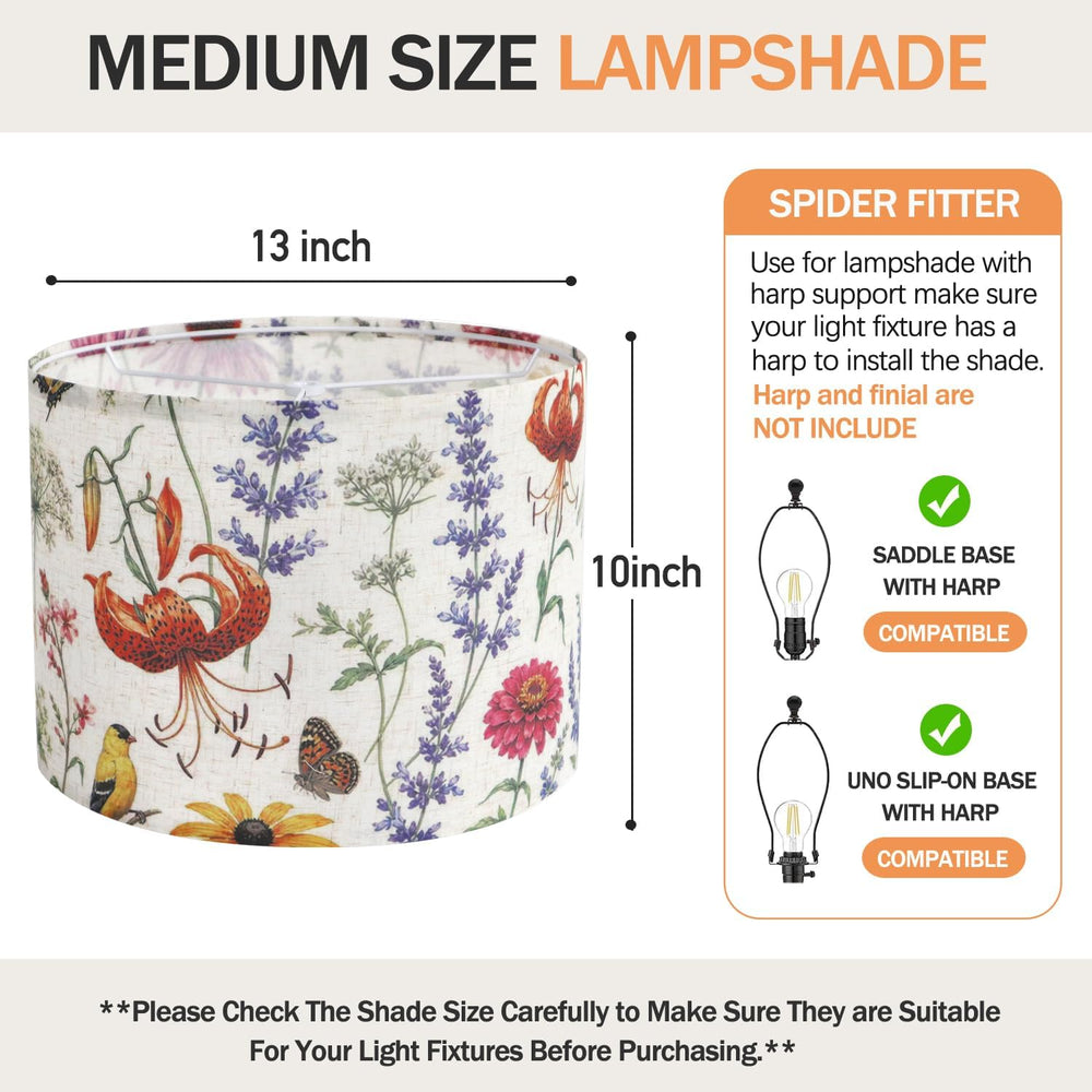 Drum Lampshades, Print Floral Linen Lamp Shade with White Frame