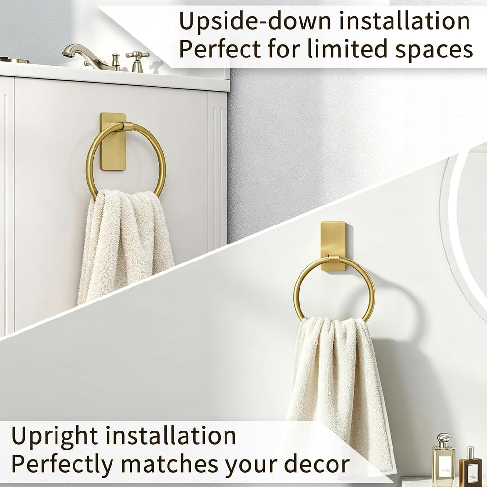 STWWO Gold Towel Ring for Bathroom, Adhesive Hand Towel Holder, 2 Pack
