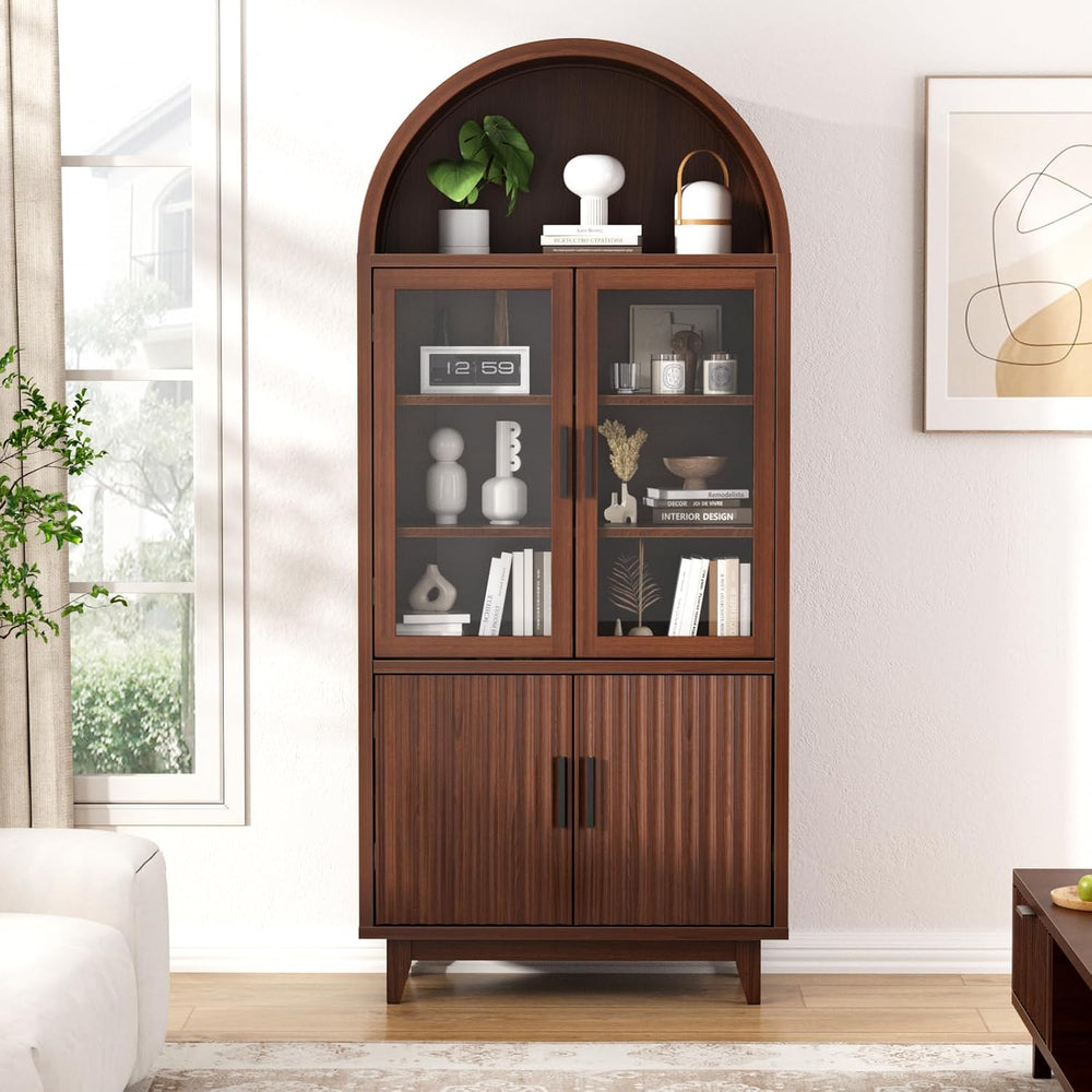 Arched Cabinet with Glass Doors, Fluted Pantry Cabinet with Solid Wood Legs