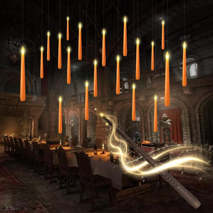 kakoya Flameless Floating Candles with Wand,20 Pcs Magic LED Hanging Taper Candles,Flickering Battery Operated Taper Candle with Wand Remote for Halloween Decorations Best Gift(Orange)