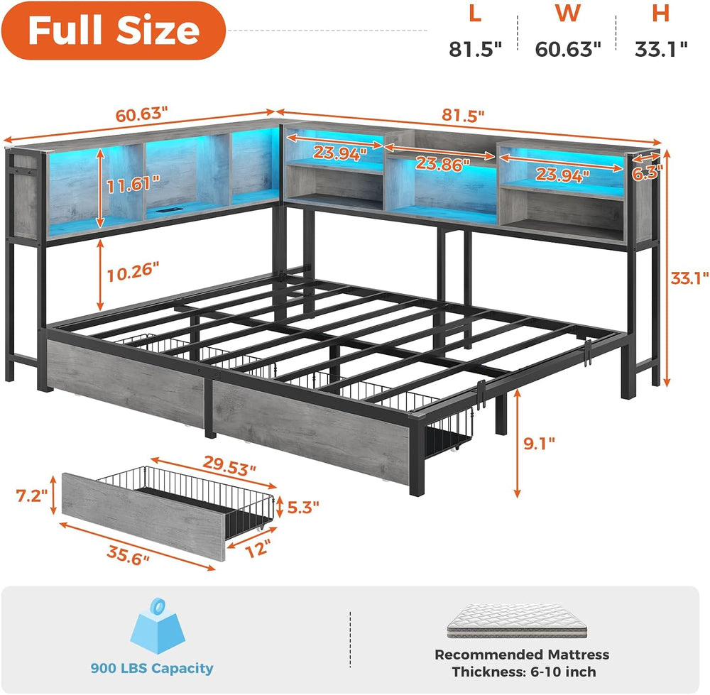 Corner Full Bed Frame with Bookcase Storage,2 Drawers & Led Lights,Oak Gray