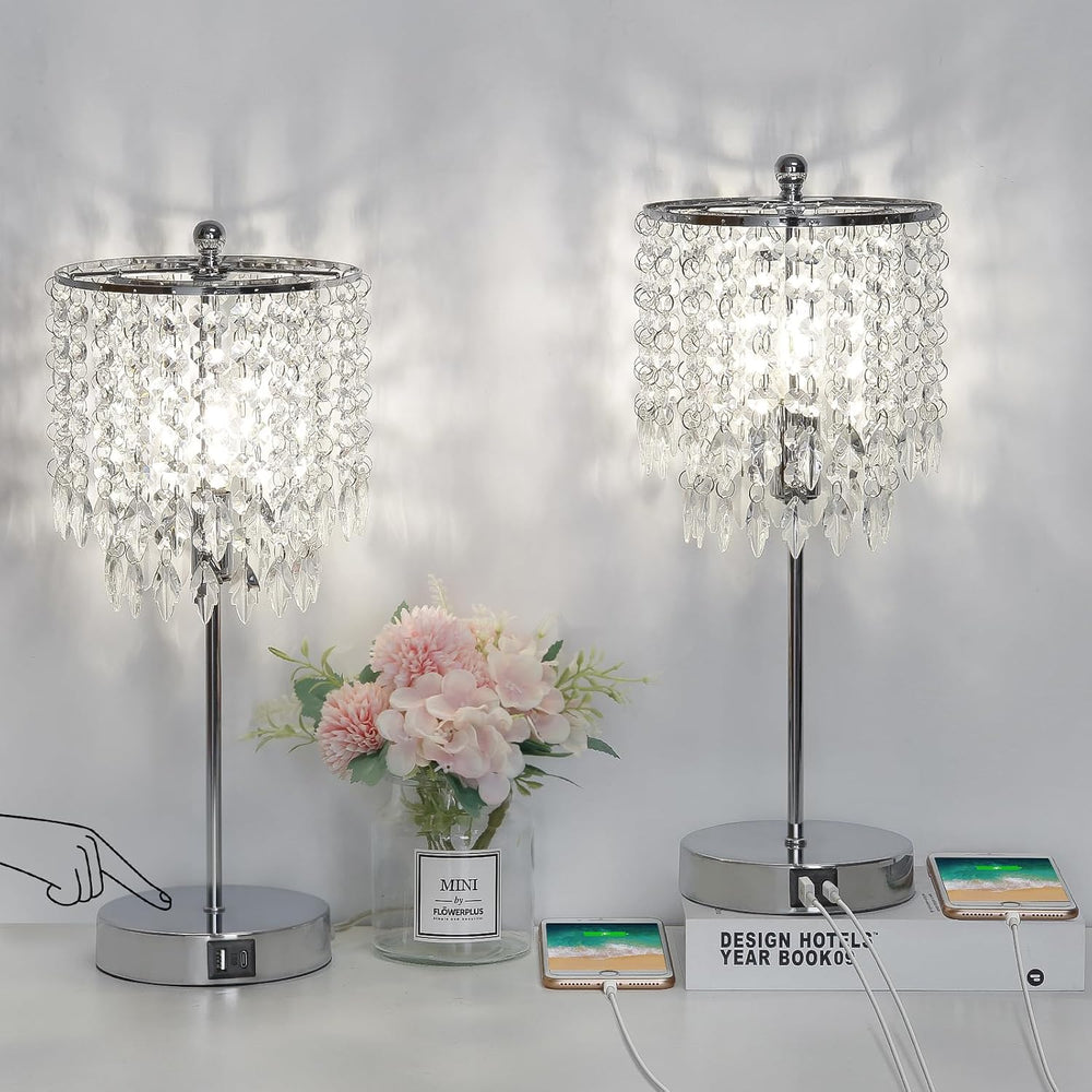 Crystal Table Lamp Set of 2 Touch Control, Crystal Lamps with USB Ports Elega...