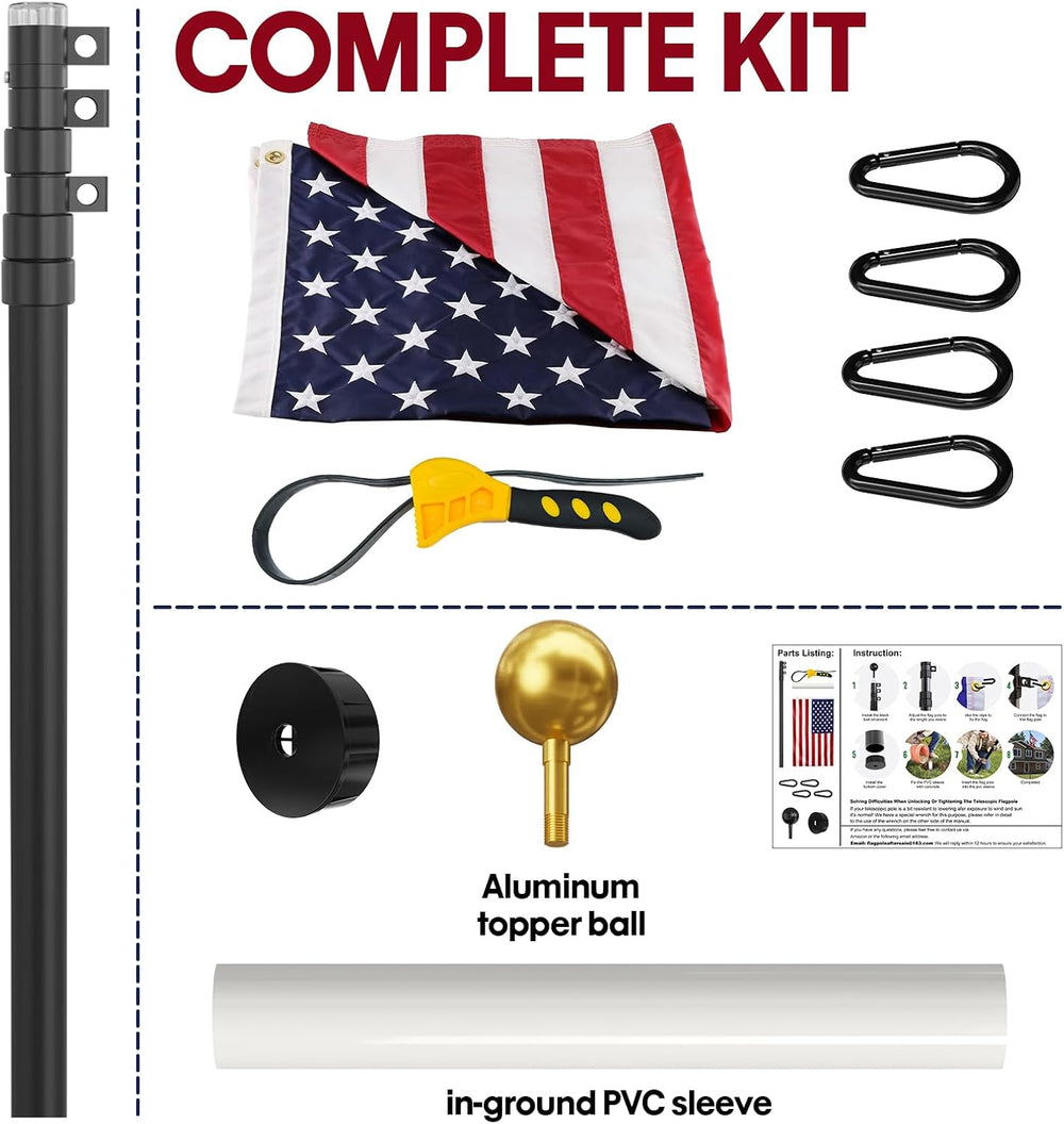 20FT Telescoping Flag Pole for Outside House,Extra Thick with US Flag