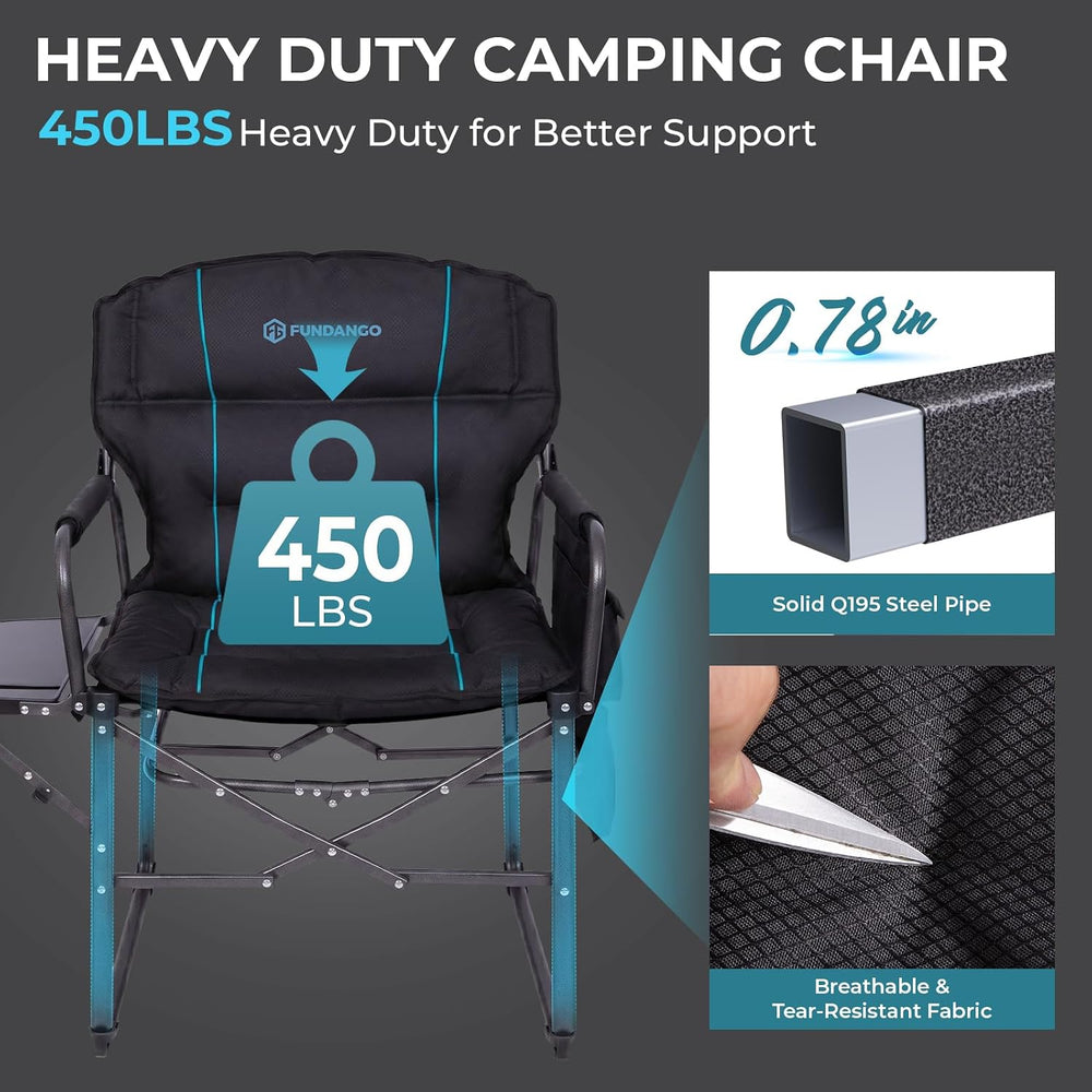 FUNDANGO Oversized Director Chair,Padded Camping Chair with Side Table