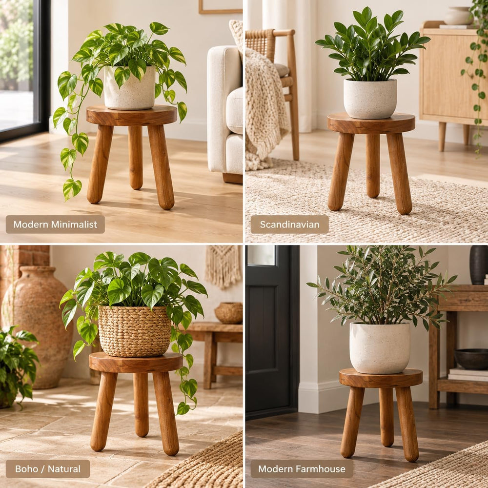 12" Teak Wood Plant Stool for Indoor Plants, Mid-Century Style