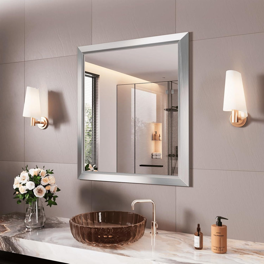 Amorho Bathroom Mirror for Wall 28x32 Inch, Brushed Silver Metal Framed