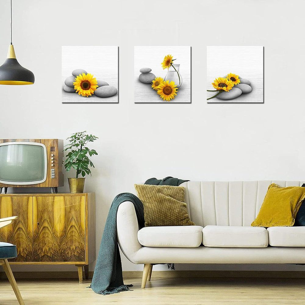 Biuteawal Sunflower Canvas Wall Art 3 Pieces Yellow and Grey Painting Relaxin...