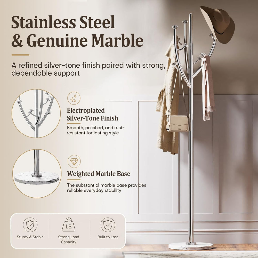 Homde Heavy Duty Coat Rack: Metal Marble Base Improved Stability (Silver)