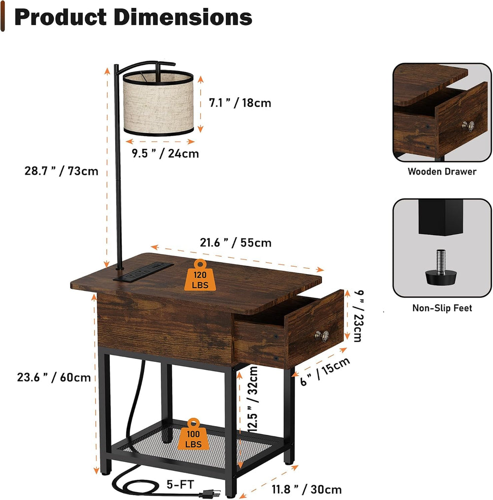 runjuly Floor Lamp with Table, Narrow Side Table with Charging Station