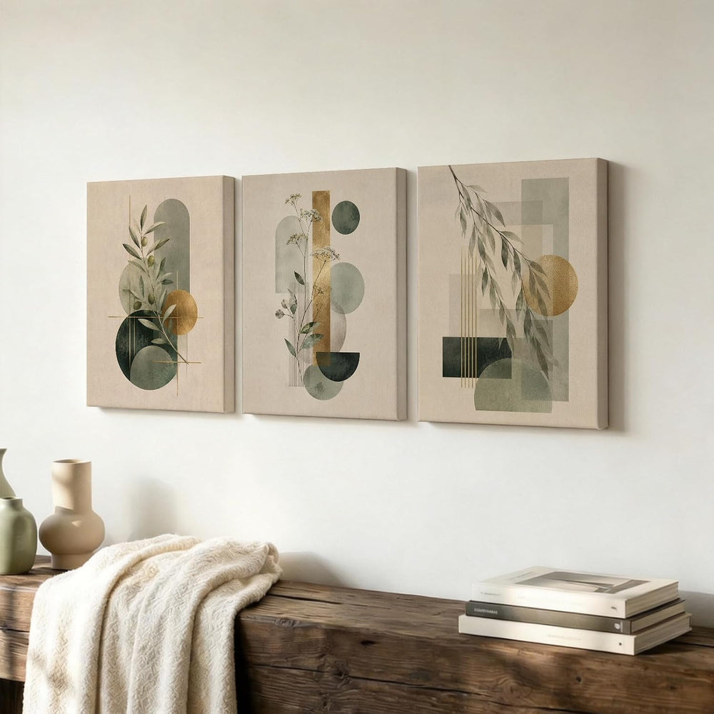 CUQQI Neutral Abstract Wall Art Set, Green Gold Canvas Prints 12x16In