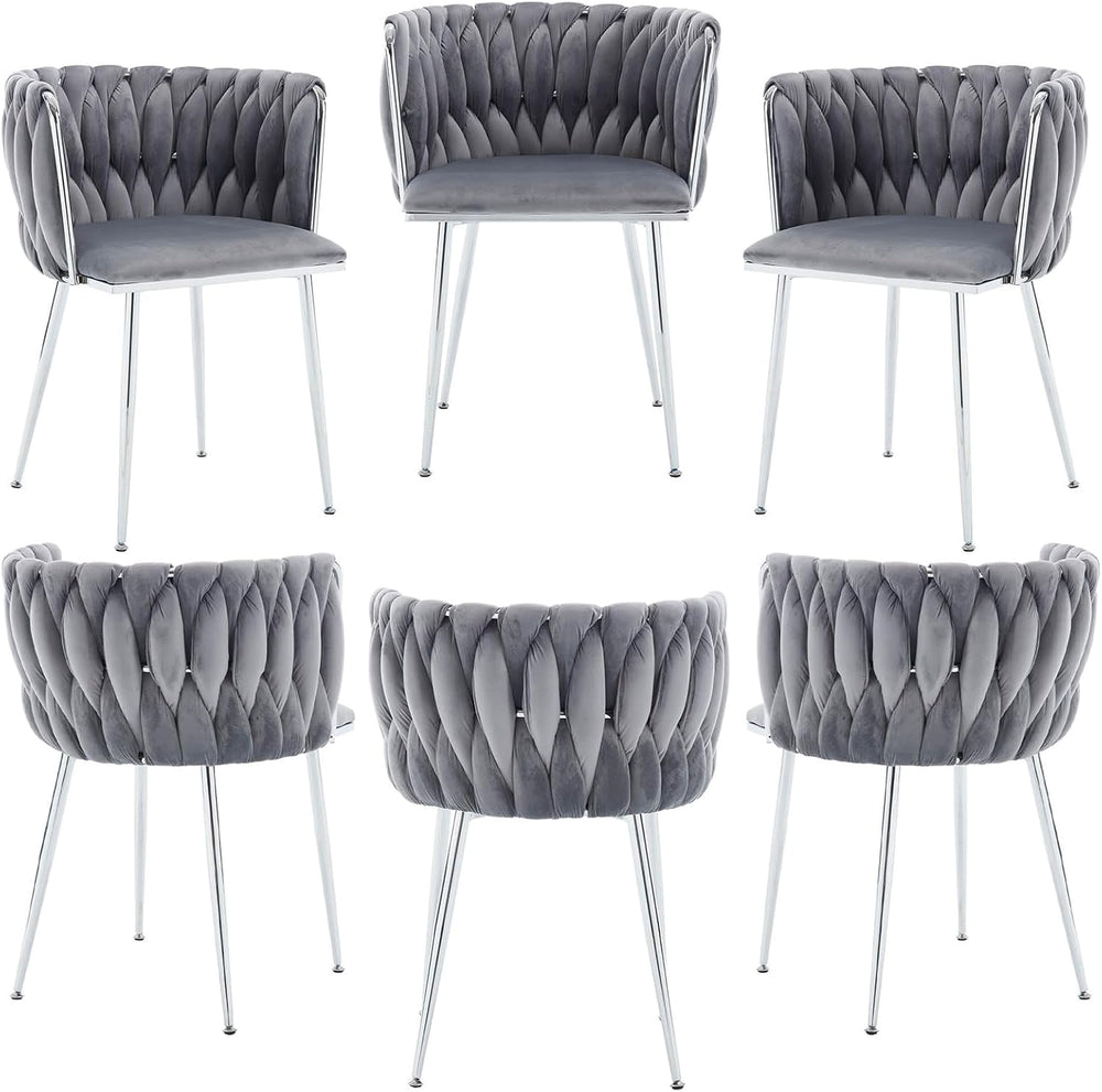 Modern Velvet Dining Chairs Set of 6, Upholstered Woven Back Armchairs