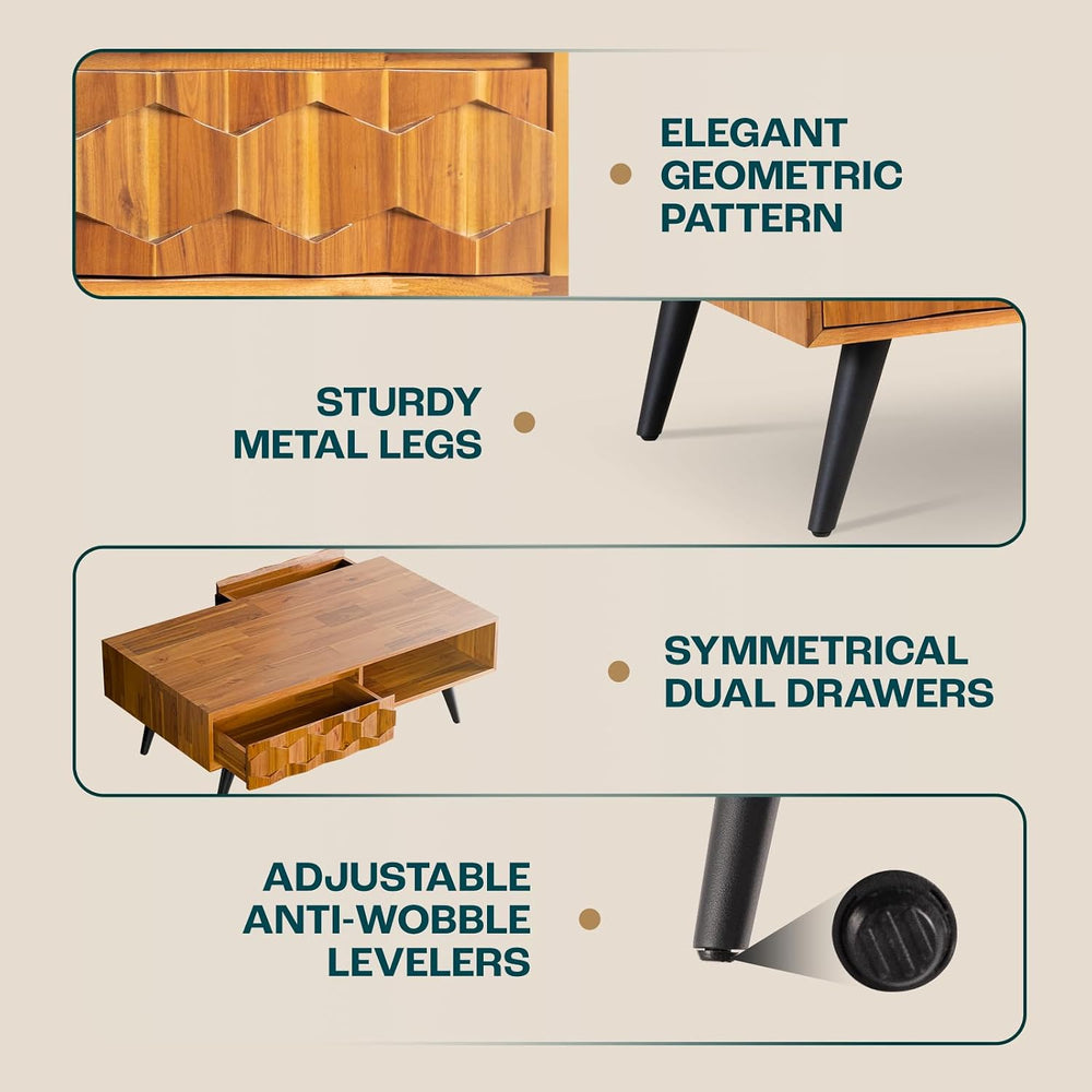 Bme Georgina Solid Wood Coffee Table, 2 Drawers & Open Shelves, Teak Brown