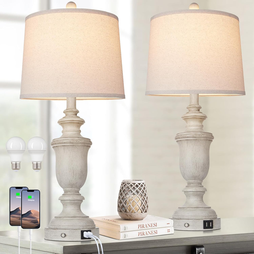 Cinkeda Farmhouse Table Lamps Set of 2 with USB Charging Port for Rustic Livi...