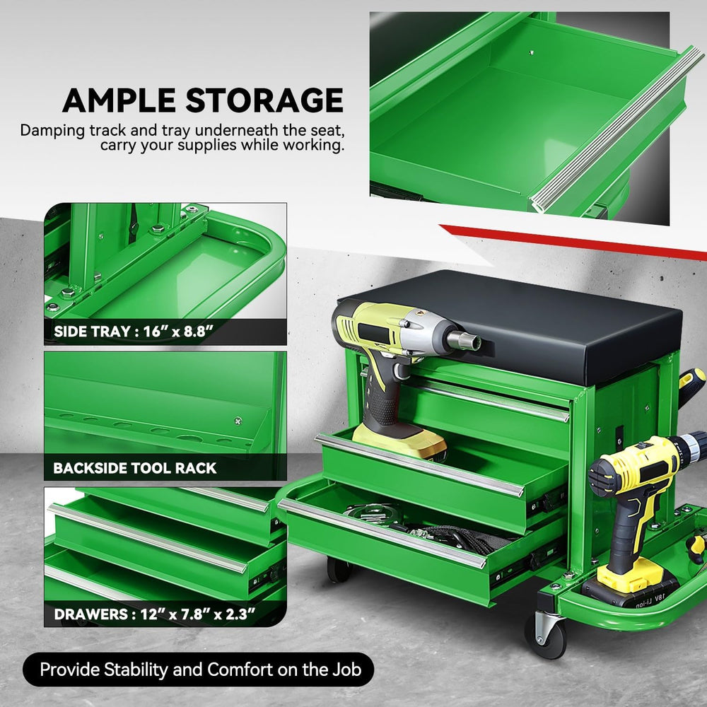 Auto Dynasty Mechanic Rolling Seat, 3-Drawer w/Tool Tray, 350LBS, Green