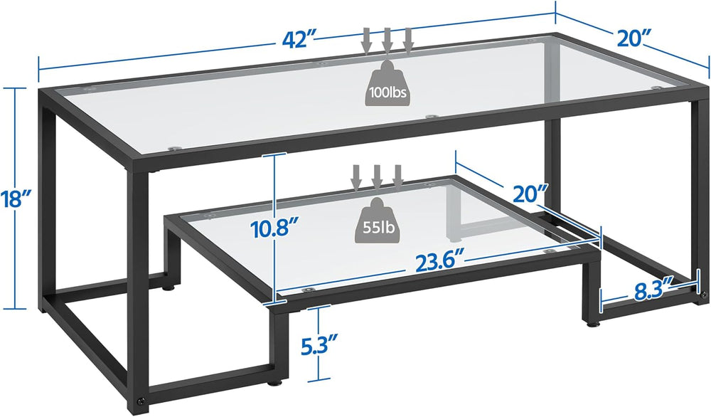 Yaheetech Glass Coffee Table for Living Room, 42" with Storage Shelf, Black