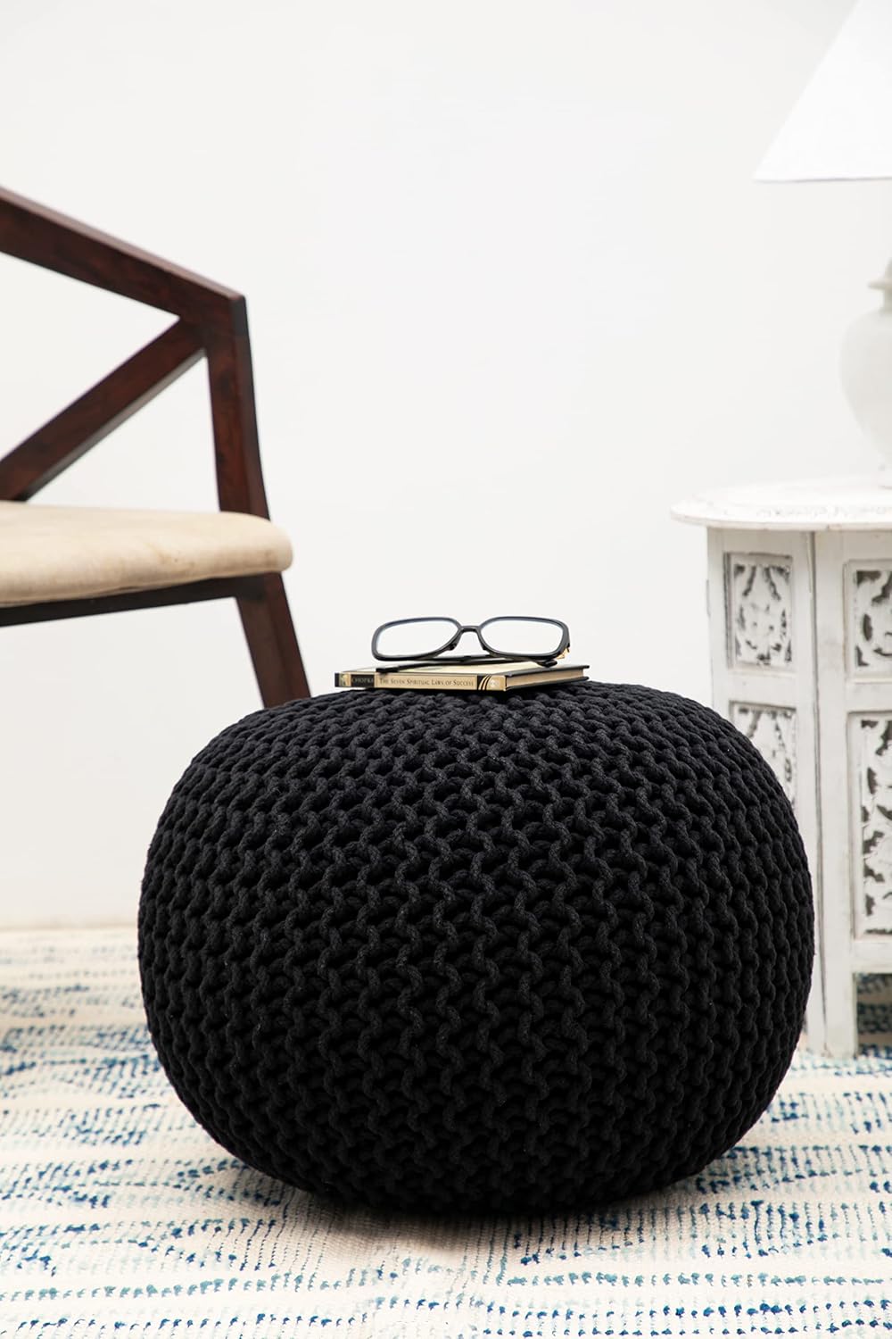 COTTON CRAFT Round Black Pouf -Hand Knitted Cotton Braid Cord Dori Ottoman