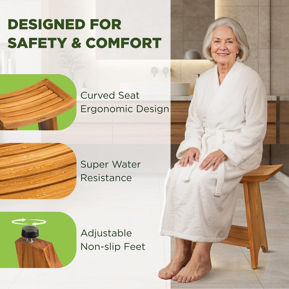 Premium 18" Teak Shower Bench, Non-Slip Safety, 2-Tier - Curved