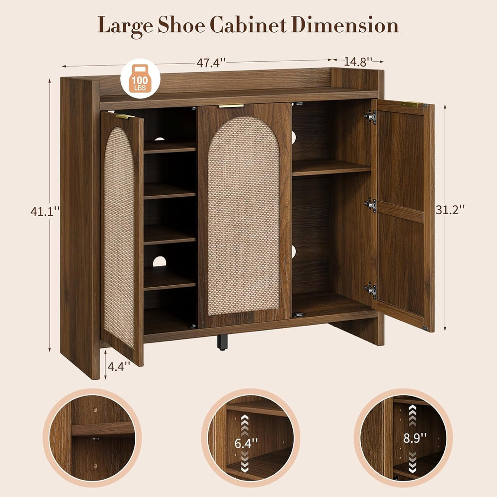 Shoe Cabinet Storage for Entryway - Rattan Accent Cabinet with 3 Doors & ...