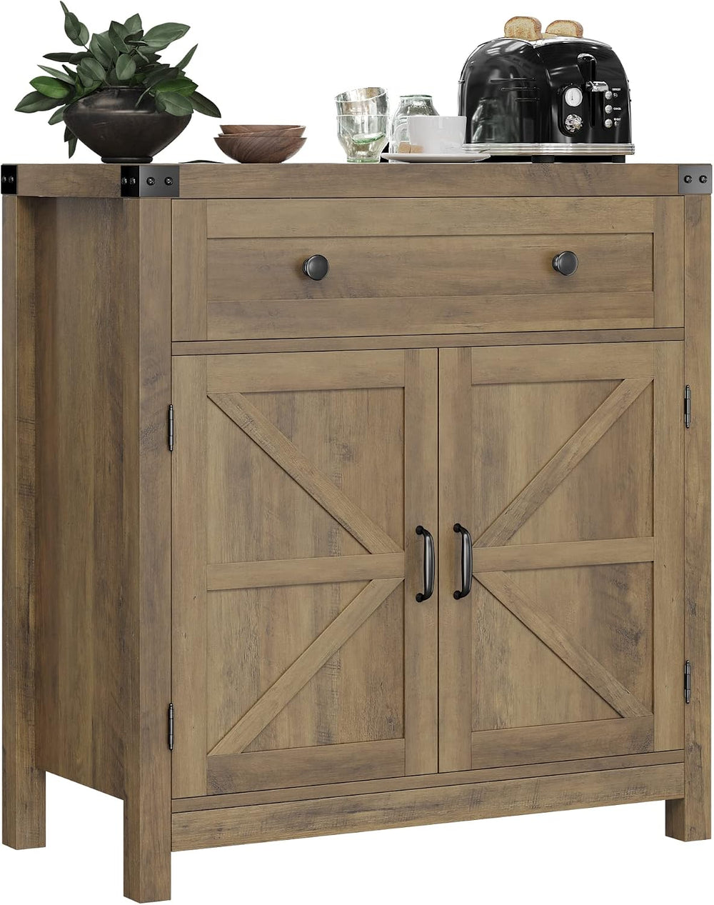 HOSTACK Kitchen Storage Cabinet, Farmhouse Coffee Bar Cabinet, Rustic Brown