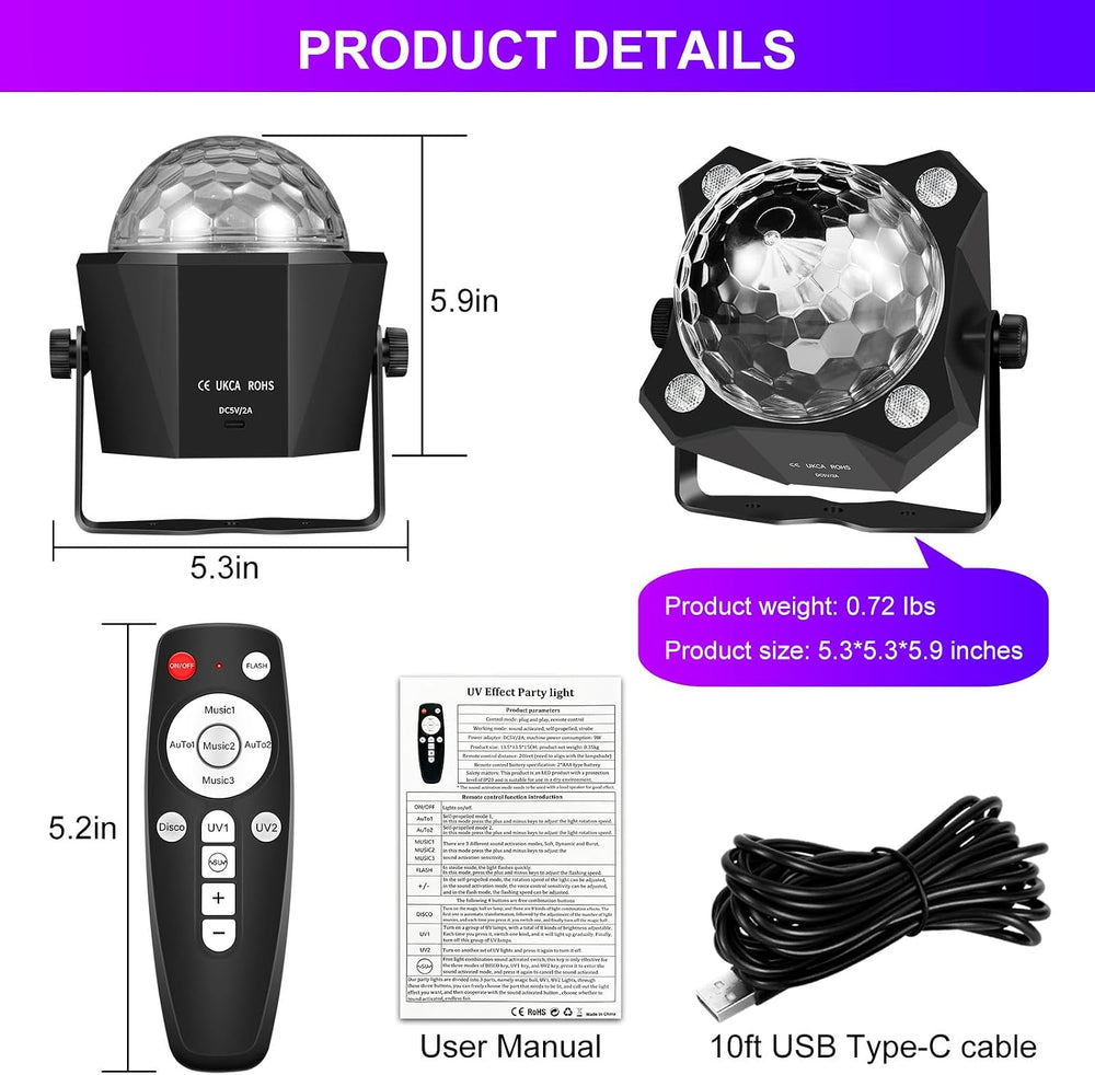 2 in 1 Glow Party Black Light Disco Ball Light with Sound Activated Strobe Dj...