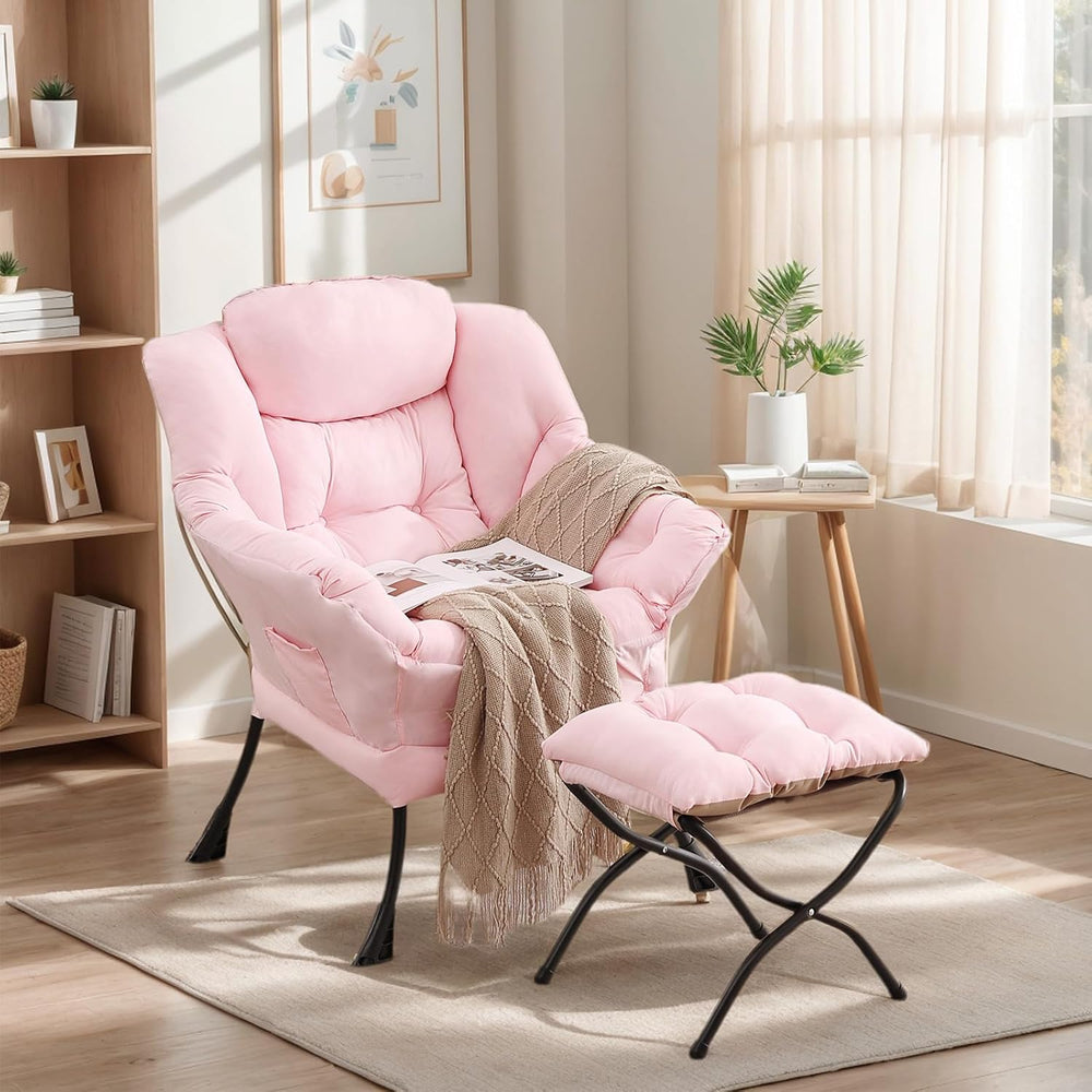 Lazy Chair with Ottoman, Soft Comfy Chair for Bedroom, Pink