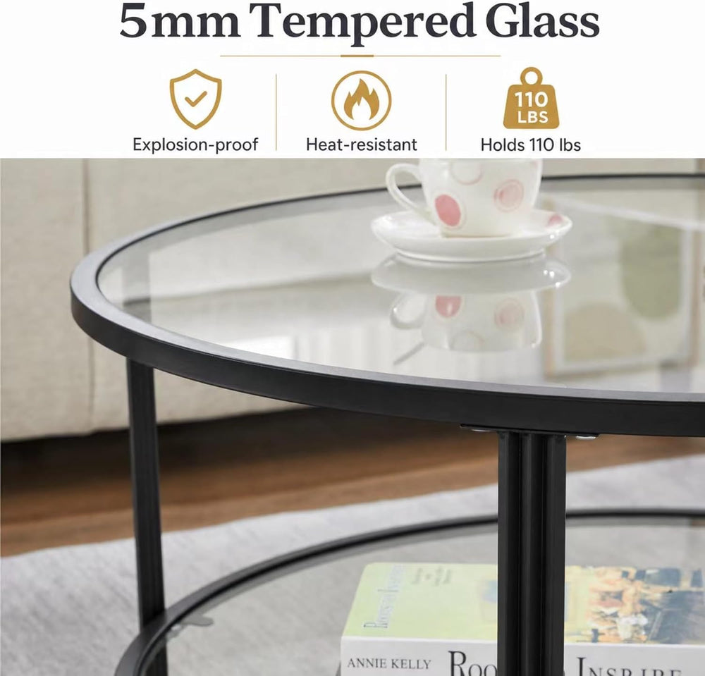 Coffee Tabale - Round Glass Coffee Table - Storage